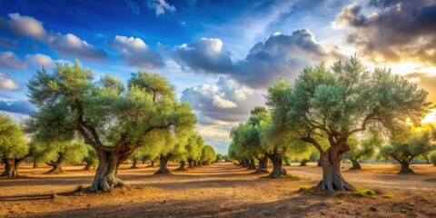 Fototapeta premium A picturesque row of olive trees stand tall and proud against a backdrop of a bright blue sky with fluffy white clouds, bathed in the warm glow of a setting sun.