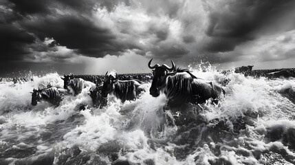 Dramatic Black and White Wildebeest Migration Photo
