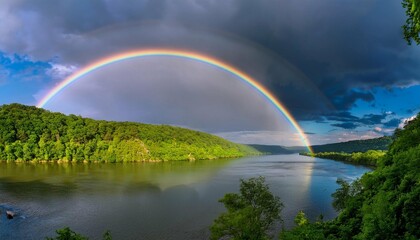 Naklejka premium the end of a rainbow during a storm over the susquehanna river in northeastern usa it is a meteorological phenomenon caused by reflection refraction and dispersion of light in water droplets