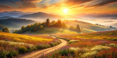 A winding dirt road through a field of wildflowers leading to a panoramic vista of rolling hills and a vibrant sunrise