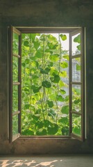 Fototapeta premium Sunlight Streaming Through a Window, Lush Greenery Outside