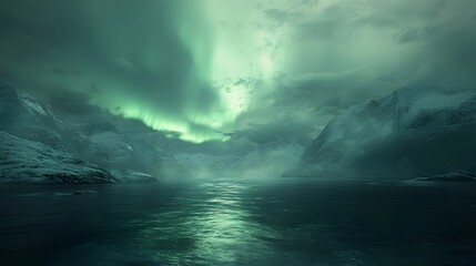 Fototapeta premium Arctic Landscape 3D Render: Aurora Borealis over Frozen Mountains