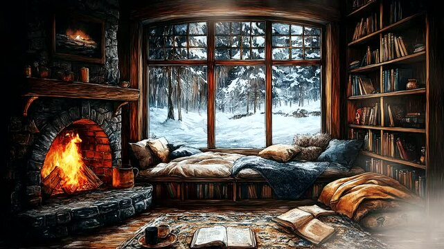 Luxurious library interior with a large roaring fireplace and a view of a snow-covered landscape, seamless animation background.
