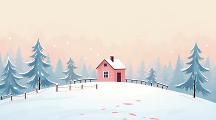 Naklejka premium Serene Winter Landscape: Pink Cottage nestled amidst snow-covered pines under a soft sunset sky