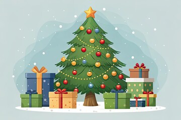 Fototapeta premium Festive holiday spirit captured in a cheerful Christmas tree adorned with colorful ornaments and wrapped gifts. Generative AI