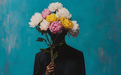 Silhouette of a Person Holding Colorful Peonies Against a Vibrant Blue Background, Artistic Conceptual Portrait
