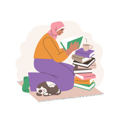 Girl character sitting near a stack of books. Education and personal growth concept. Young asian muslim woman wearing a pink hijab reading a book with interest. World Book day. Vector illustration iso