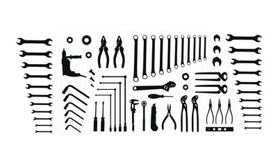 Silhouette of Hand Tools and Equipment Set on White Background