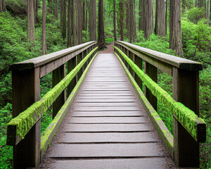 Obraz premium A bridge over a forest with green moss growing on it