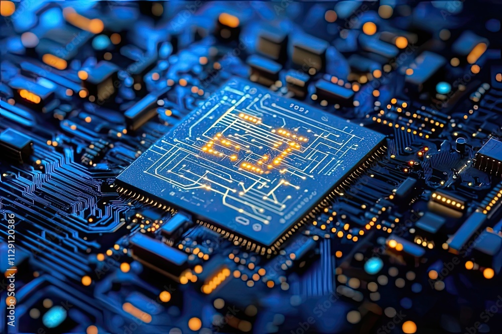 Poster exploring the intricate design of a computer chip illuminated with vibrant blue and orange lights du