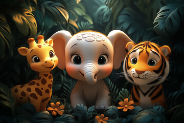 Fototapeta premium delightful illustration features a baby elephant, giraffe, and tiger surrounded by lush jungle foliage and flowers, radiating warmth and charm in a vibrant tropical scene