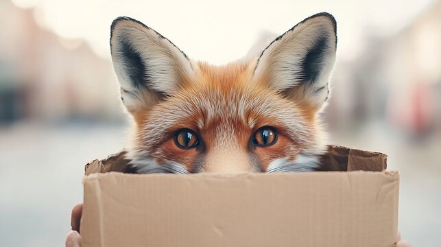 Curious Fox Peeking Out from Cardboard Box in Style