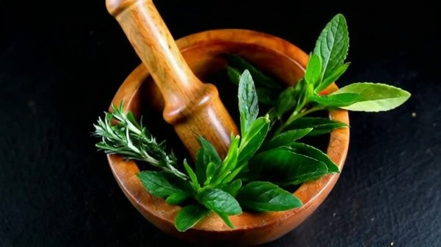 Herbs. Bunch of Fresh green organic aromatic herb leaves in wooden mortar with pestle over dark background. Mint, Peppermint, Rosemary, Thyme, Sage in bowl. Green leaf of fragrant Mediterranean Herb.