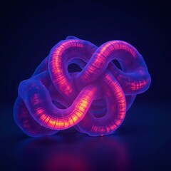 Obraz premium The image shows an abstract, glowing, translucent, and organic-looking structure with curved lines and a purple hue, illuminated by a dark background.