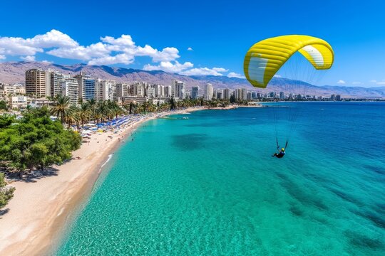 A vibrant photo of a parasailer soaring high above Eilat coastline, with a breathtaking view of the sea and city below