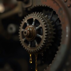 A close-up photo of a metal gear with oil dripping from it, in a blurry industrial setting.