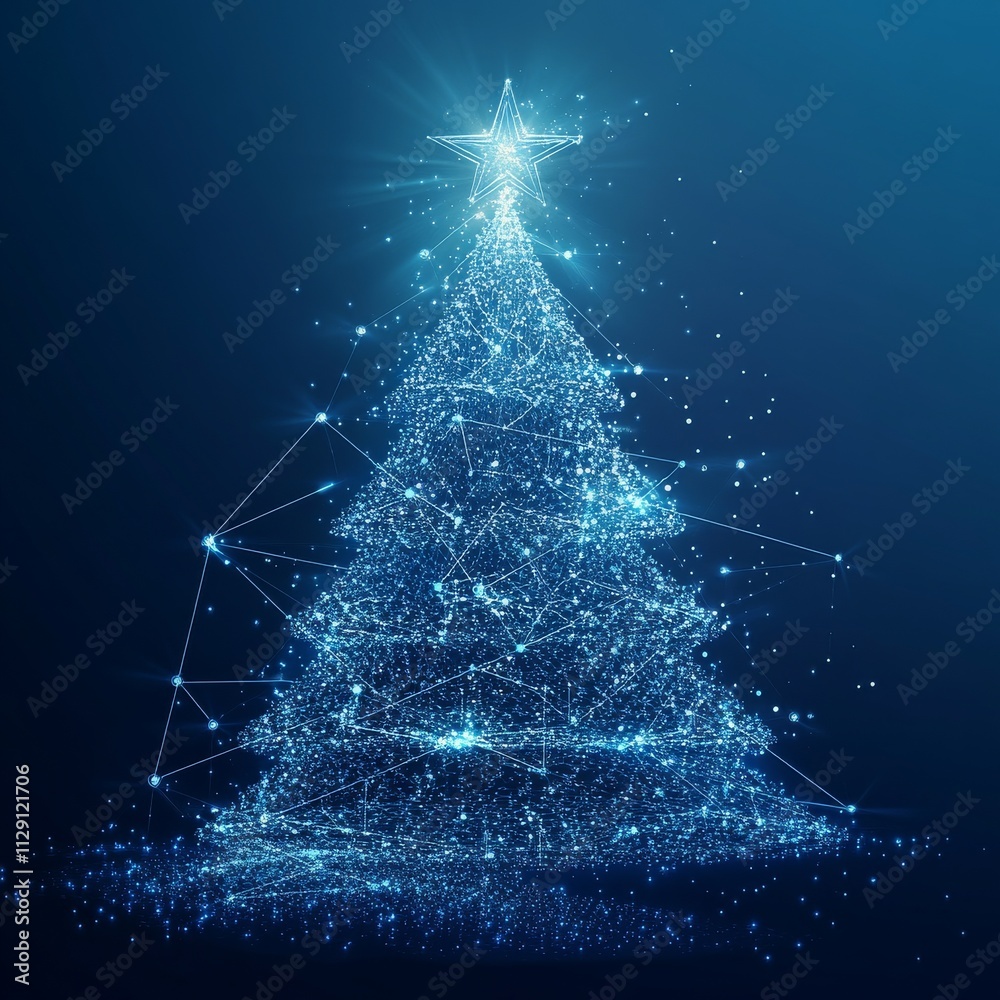 Poster Christmas Tree wuth Star wireframe polygon bokeh light frame structure and lens flare, Technology connection concept design illustration isolated on blue gradient background with copy space