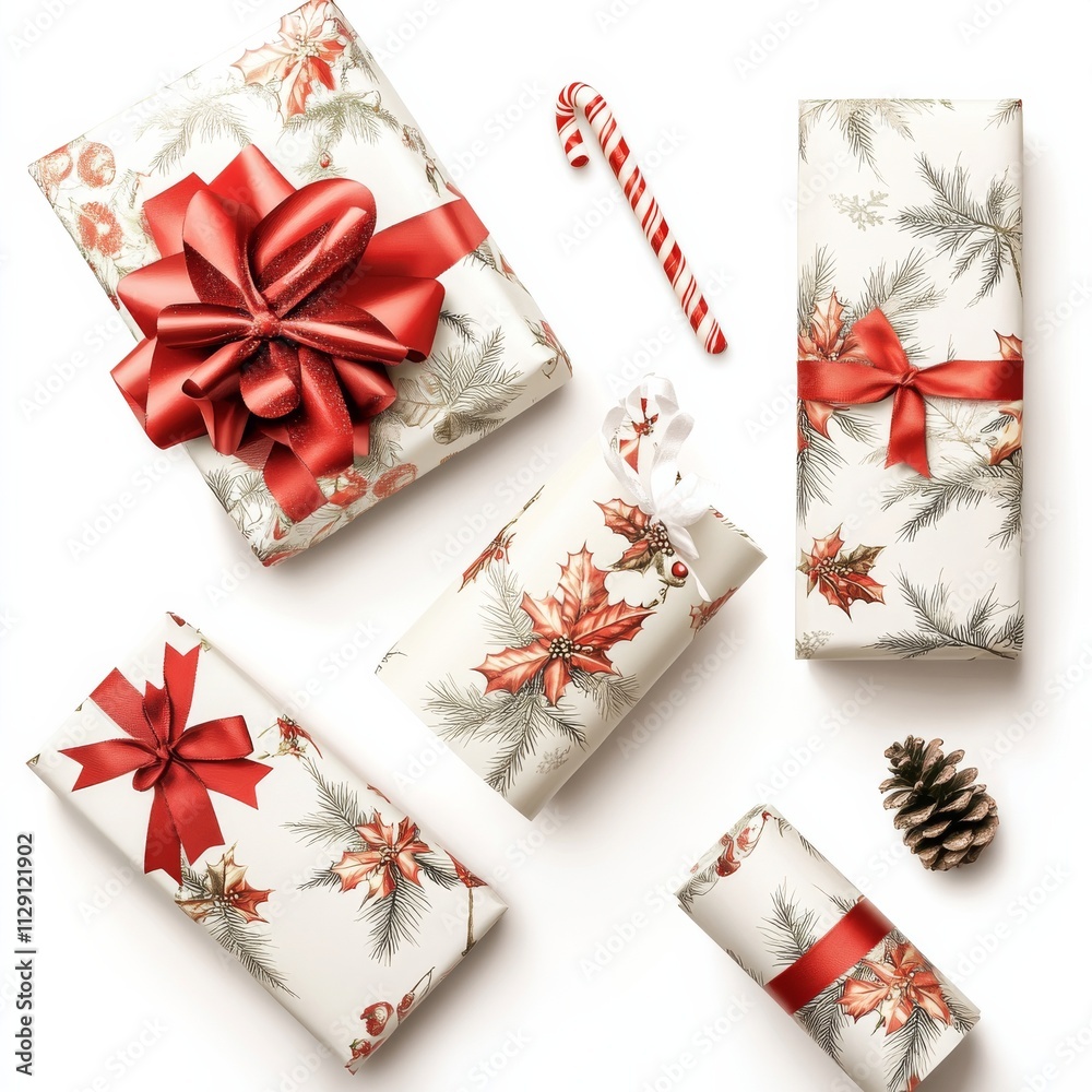 Aufkleber vector gift wrapping paper rolls mock up, box with bow and christmas decoration on light background.