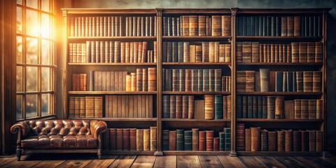 A wooden bookshelf filled with leather-bound books in a warm room with a leather armchair and a window with sunlight streaming in