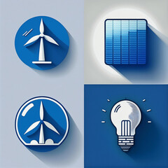 Clean, flat icons for renewable energy, including solar, wind, and eco-friendly technologies for green energy branding.