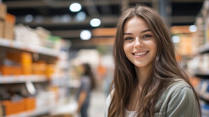 A smiling young woman poses in a busy home improvement store, wearing casual clothing. The shelves are full of appliances and other customers create a lively backdrop.