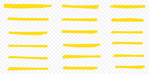 Yellow highlighter lines set isolated on transparent background. Marker pen highlight underline strokes. Vector hand drawn graphic stylish element. eps 10.