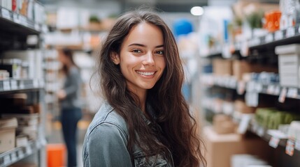 A smiling French model stands in a home improvement store. She is dressed casually and surrounded by shelves of appliances and products, with customers in the background.