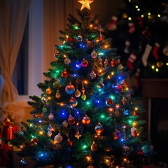 Shining christmas tree; the magic christmas tree; shinny christmas tree.Happy new year and merry...