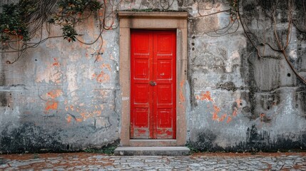Weathered Red Door in Rustic Stone Wall