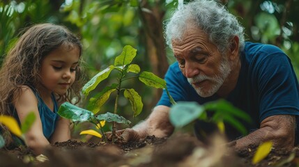 Fototapeta premium Elderly man and young girl planting a small tree together in a lush green garden, nurturing nature and fostering environmental awareness through hands-on experience
