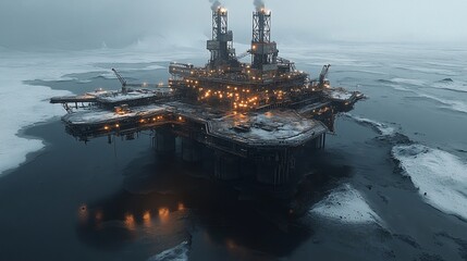 Obraz premium Arctic oil rig at night, reflecting lights on dark water.