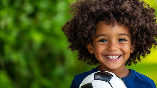 A joyful young boy of African descent smiles brightly while holding a soccer ball against a blurred green background.