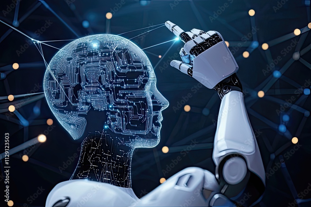 Poster innovative robot with a digital brain exploring advanced technology concepts in a futuristic setting