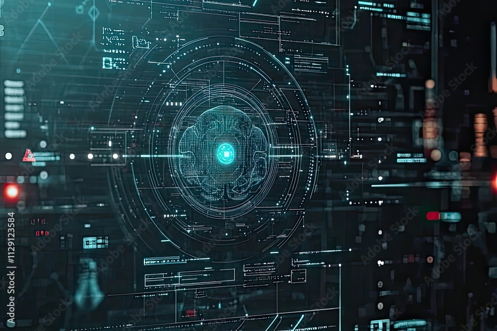Poster futuristic digital interface displaying neural network connections in vibrant colors and intricate d