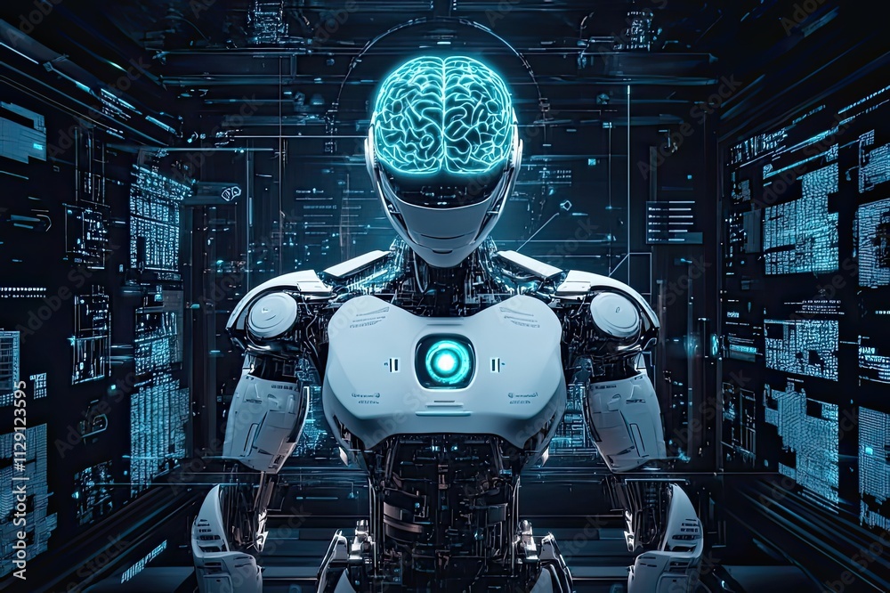 Poster futuristic humanoid robot with glowing brain in a high-tech digital space showcasing advanced artifi
