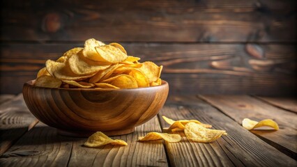 A bowl of crispy potato chips on a rustic wooden table, inviting a moment of snacking indulgence.