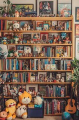 Naklejka premium Cozy bookshelf with colorful toys and art prints in a homely living room