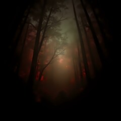 Naklejka premium The image is a dark, blurry photo of a forest with trees and fog, with a silhouette of a person's head visible in the bottom right corner.