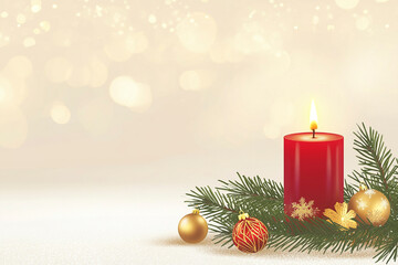 Christmas Card with Candle, Ornaments, and Pine Branch