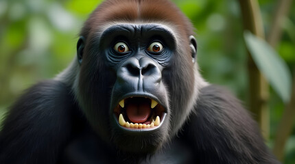 Obraz premium Captivating Expression of a Gorillas Face with an Intense Look Amidst Lush Greenery