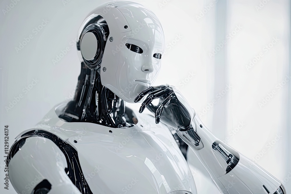 Poster contemplative humanoid robot deep in thought in a modern studio setting during daylight. generative 