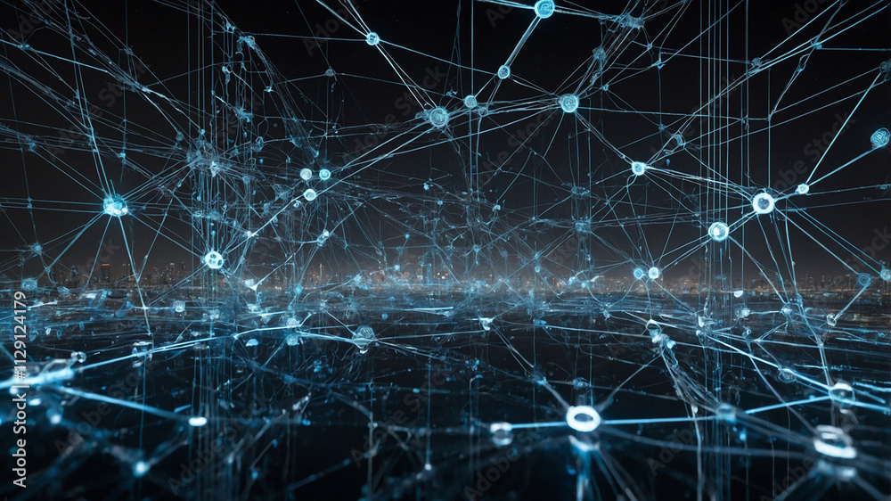 Wall mural digital cyberspace with particles and digital data network connections concept