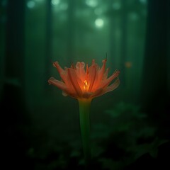 A glowing orange flower with numerous petals is the focal point of the image, set against a dark green forest background.