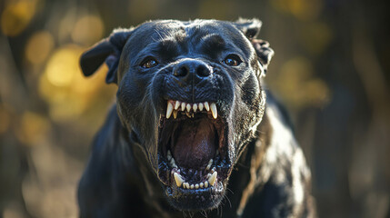 Closeup photography of a dangerous cane corso dog breed barking, looking at the camera. angry and aggressive guard pet outdoors, protection and security, open mouth, big jaw teeth.