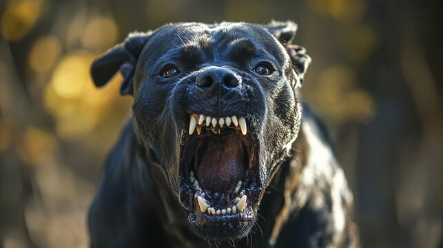 Closeup photography of a dangerous cane corso dog breed barking, looking at the camera. angry and aggressive guard pet outdoors, protection and security, open mouth, big jaw teeth.