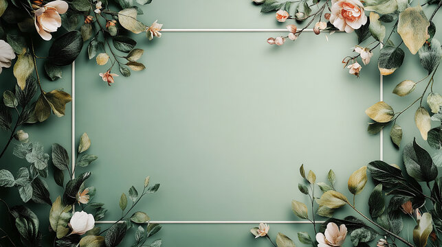 Fototapeta Forest-themed wedding invitation, green nature inspired greeting card, elegant garden celebration template, vintage floral frame design, romantic woodland engagement banner, wallpaper decoration.