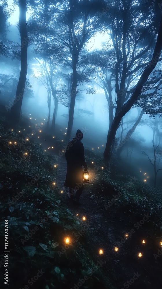 Poster a figure walks through a foggy forest illuminated by glowing lanterns.