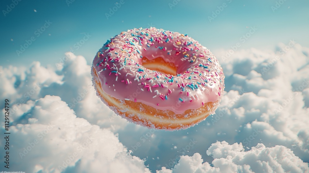 Poster a delightful pink iced doughnut adorned with colorful sprinkles hovers gracefully among fluffy white