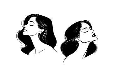 Two graceful illustrations depict a woman's profile with flowing hair, highlighting the beauty and movement in the hairstyle. Each figure presents a unique pose, exuding elegance.