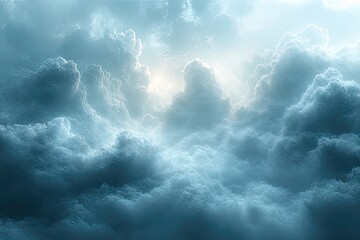 Mysterious clouds envelop the sky, creating a serene and ethereal atmosphere at dusk near a distant horizon. Generative AI